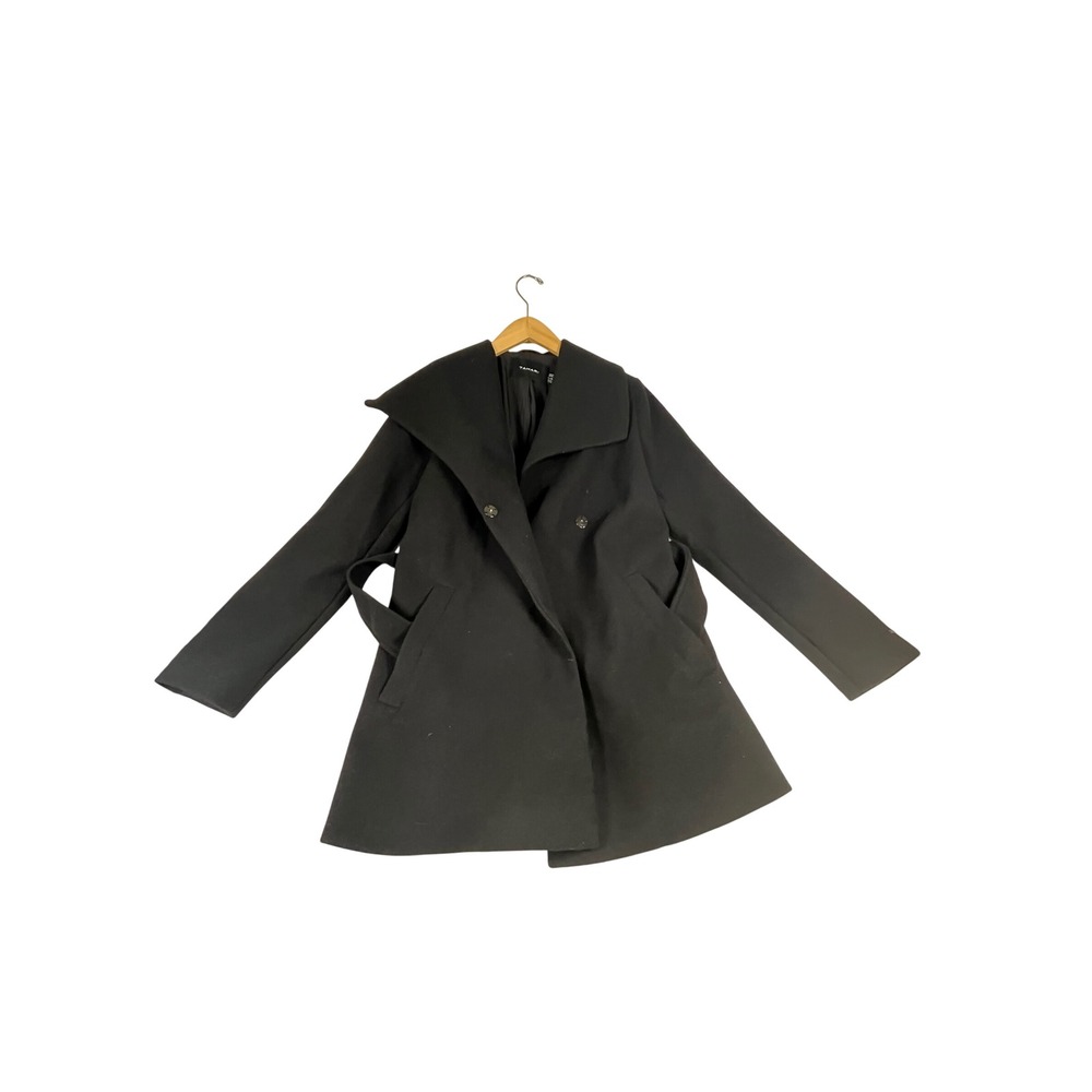 Tahari Black Double Breasted Wrap Coat Oversized Wing Collar XS 1706445